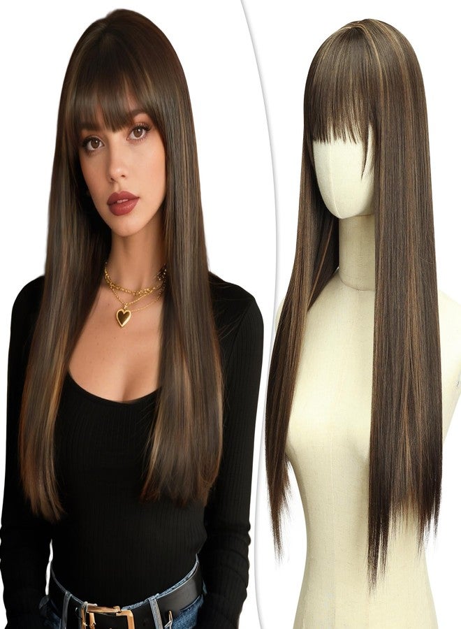 PHOCAS Long Brown Wig with Highlights Ombre Brown Wig with Blonde Highlights Wig 23'' Long Brown Wig with Bangs for Women Daily Use - Image 1